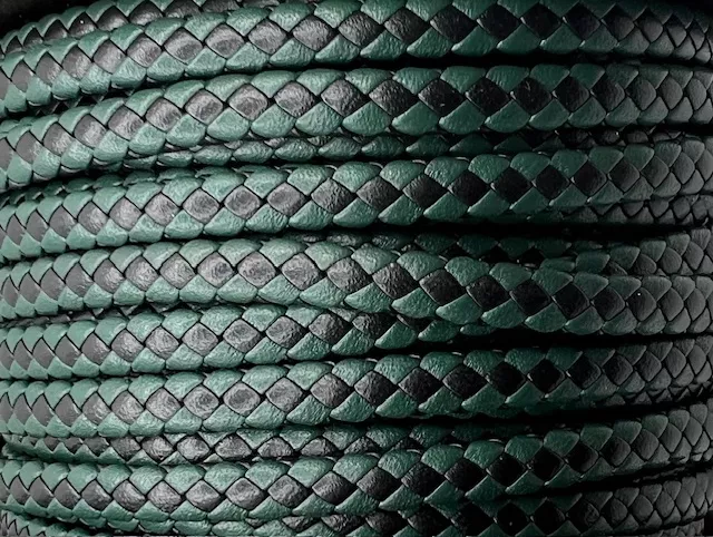 Cuir tressé aplati bicolore 6mm  vert et noir bicolore