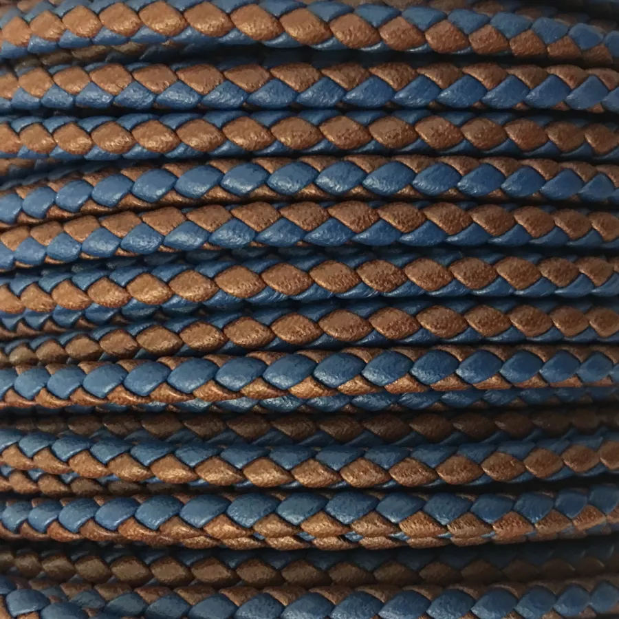 Cuir tressé rond 3mm en bicolore-nouvelles couleurs - Bleu et marron foncé  Bleu et camel 