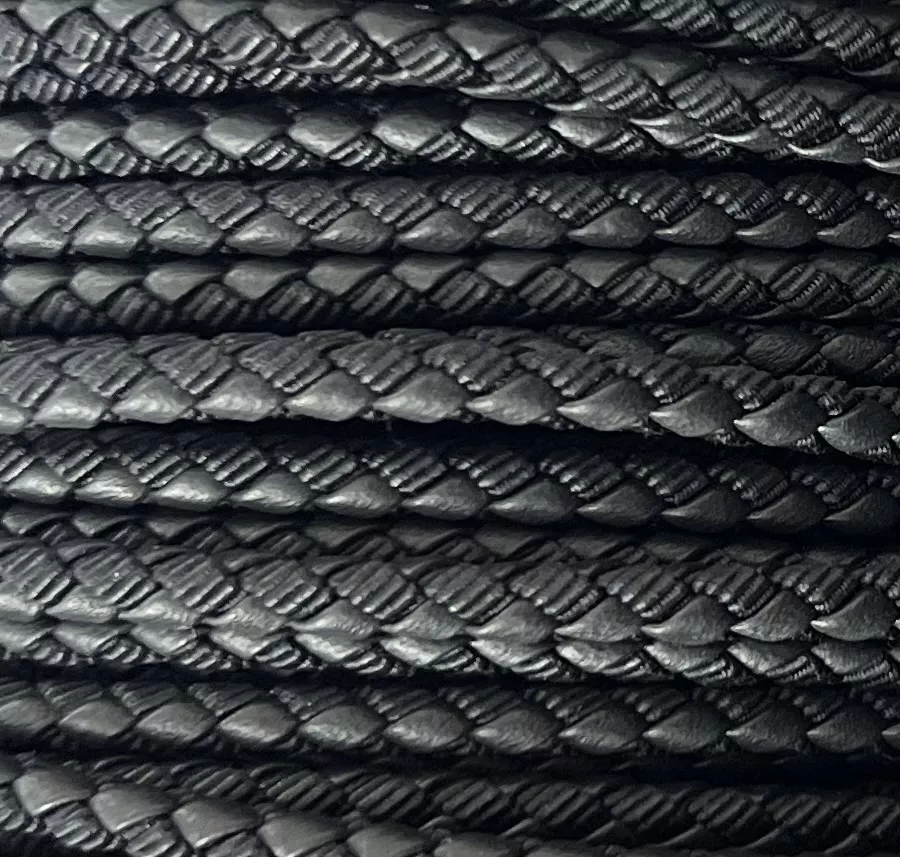 Cuir et tissus bi matières tressés 4mm, haut de gamme   - Noir