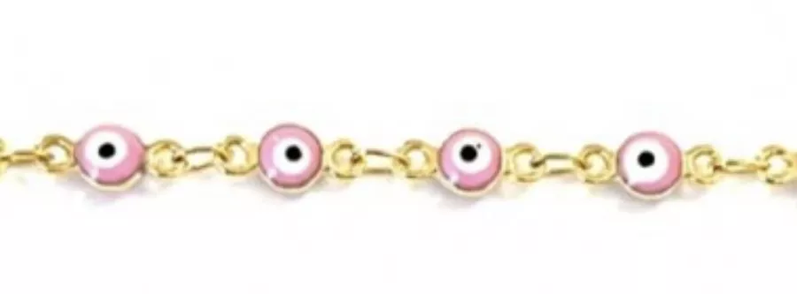 Chaine laiton doré à l'or fin avec perles-Mauvaise oeil par 20cm - Rose