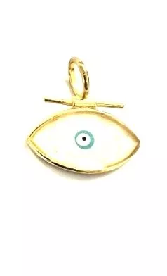 Pendant mauvaise Oeil émaillé en laiton doré - Blanc perlé