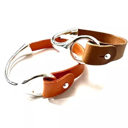 KIT pour creer bracelet demi MORS+cuir+rivets 10microns argent vif - Camel