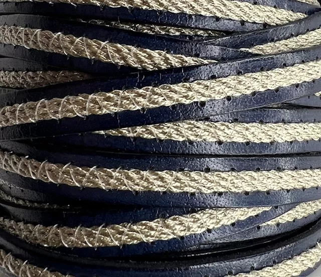 Cuir de veau avec lin cousu 10mm-fête des pères - Bleu marine